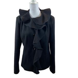 Dale Dressin Brand Black Wool Blend Ruffle Front Jacket Size Medium‎